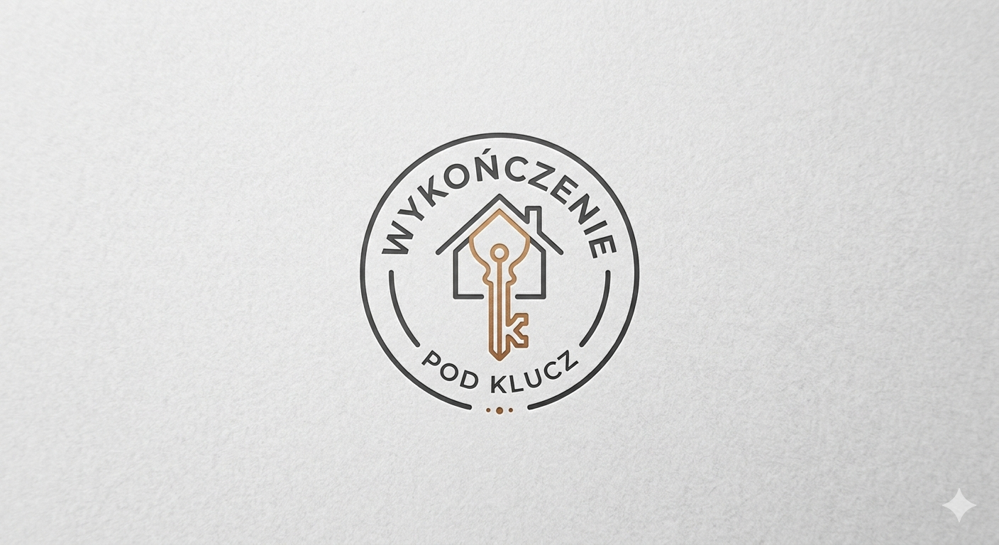 Okrągłe logo „Wykonczone pod klucz” z ikoną domu i klucza na jasnym 